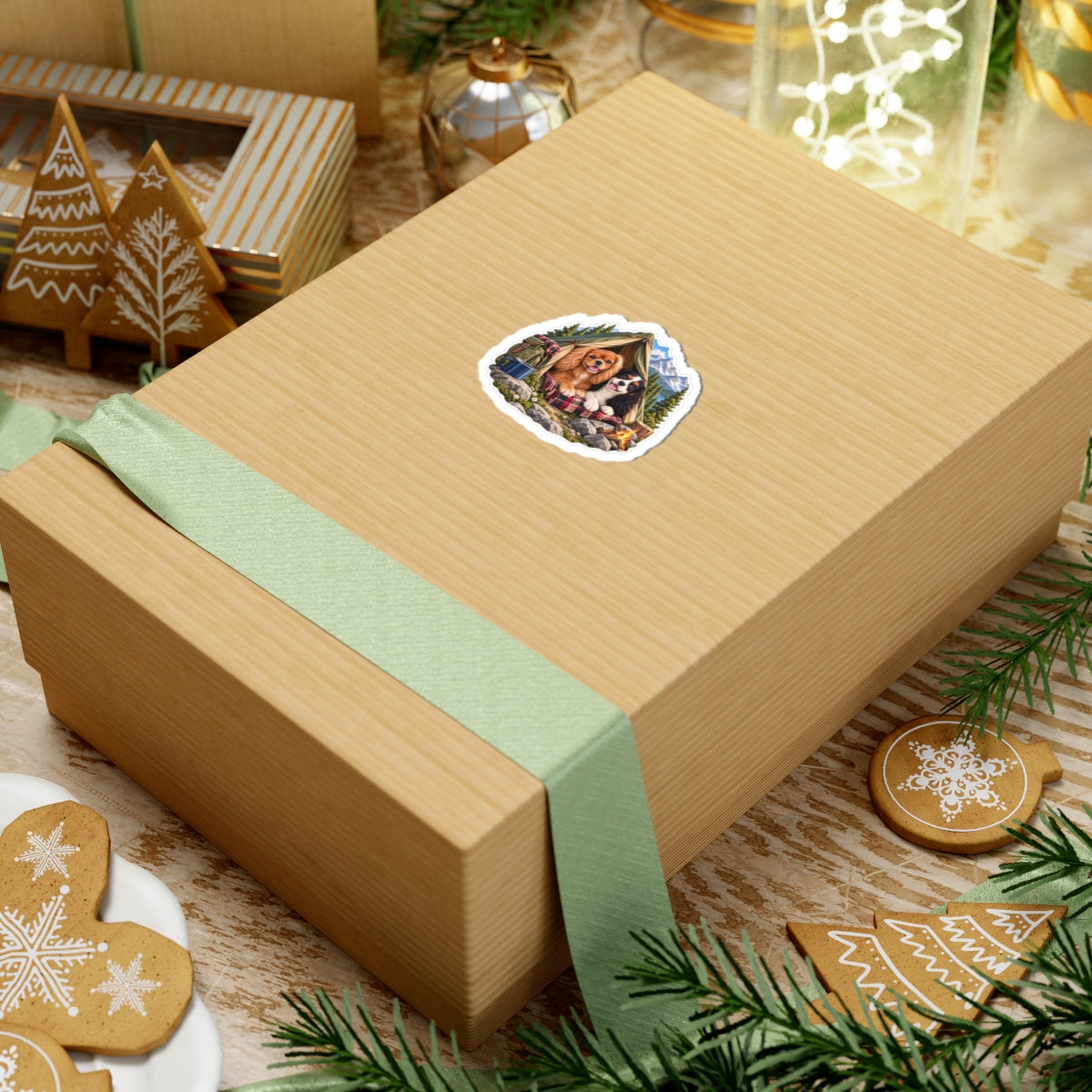 Better Together camping sticker featuring Willow and Rowan, ruby and tricolor Cavalier King Charles Spaniels, shown in a product mockup.