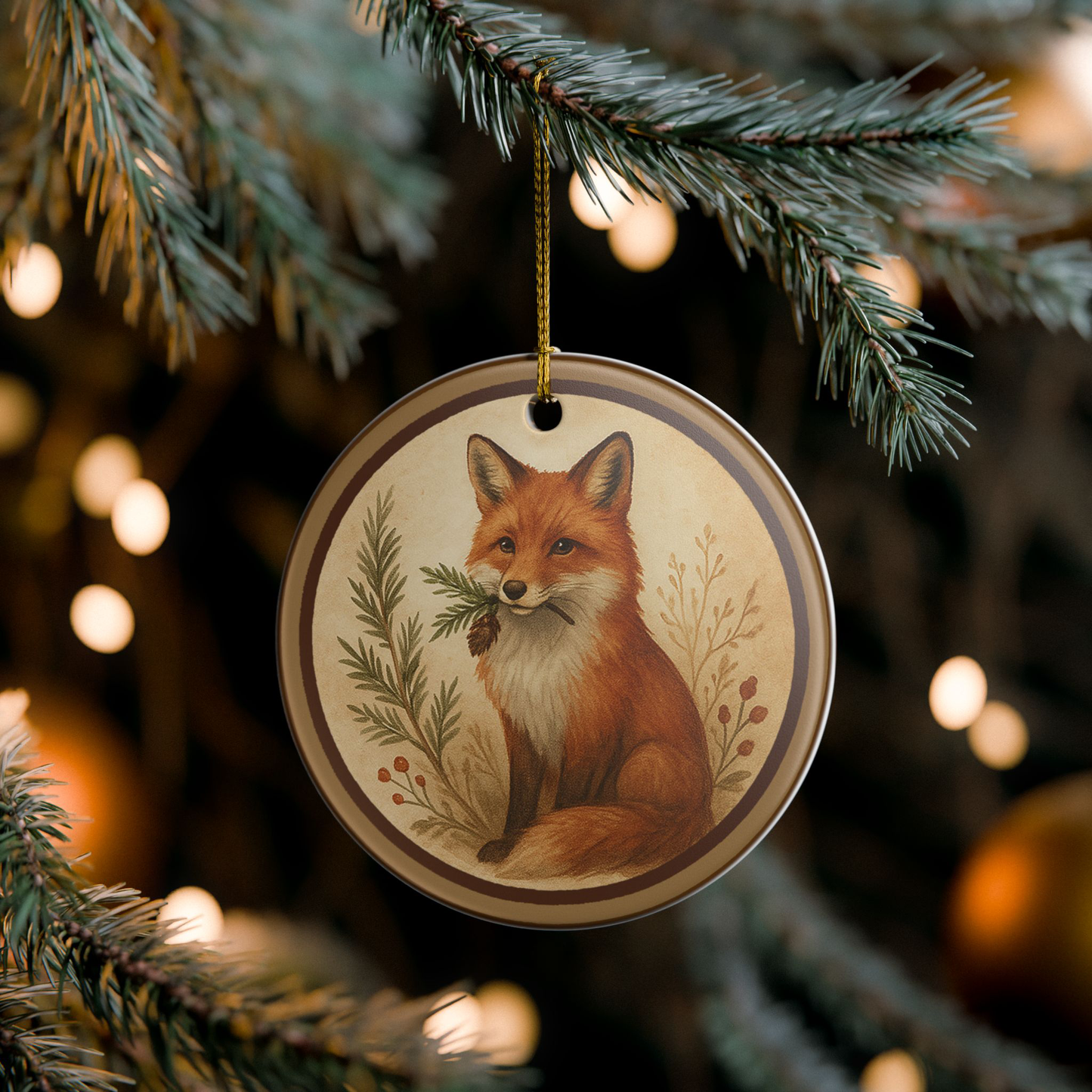 Fox Woodland Familiar Ornament - Cozy Winter Forest Art