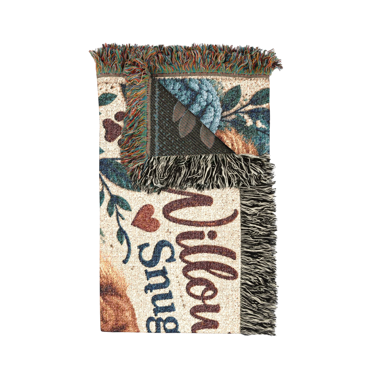 Folded Willow & Rowan cotton blanket showing the woven texture, leafy pattern, reverse side and fringe.