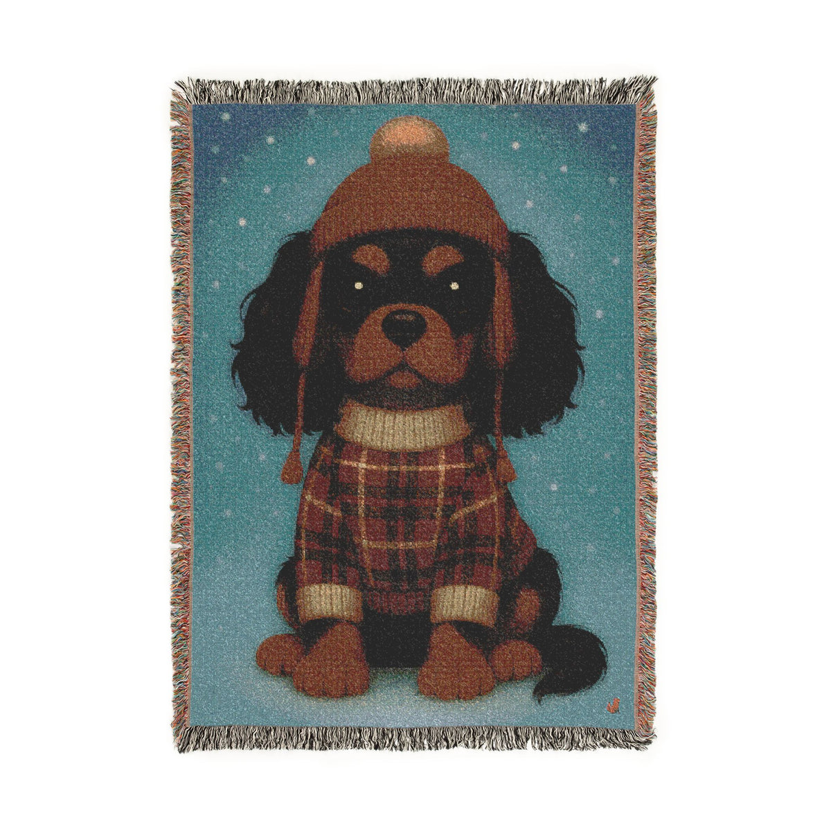 Cavy Comfort woven throw blanket, full front view, Black and Tan Cavalier King Charles Spaniel puppy design with fringed edges