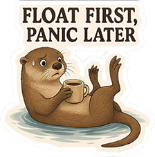 Float First, Panic Later Otter Sticker — Cute Waterproof Kiss-Cut Vinyl Sticker