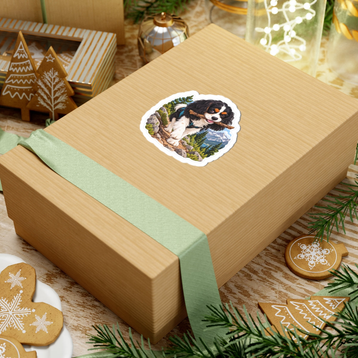 Product mockup of the Cavy Play Mode Trail Stick kiss-cut sticker: a tricolor Cavalier King Charles Spaniel carrying a stick along a mountain trail with pines and snowy peaks.