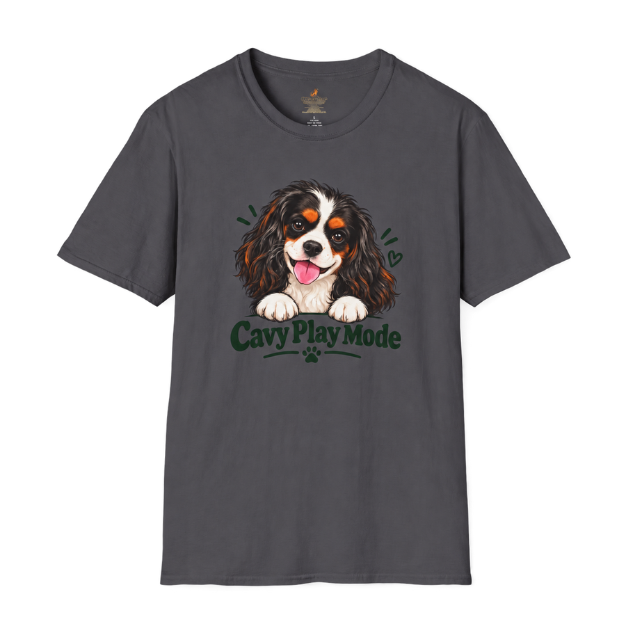 Cavy Play Mode tricolor Cavalier King Charles Spaniel T-shirt in charcoal