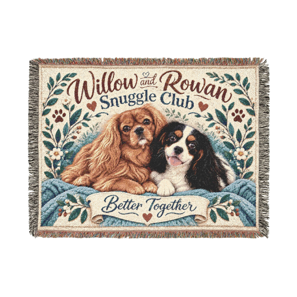 Front of the Willow & Rowan Snuggle Club cotton blanket, with ruby and tricolor Cavaliers and Better Together lettering.
